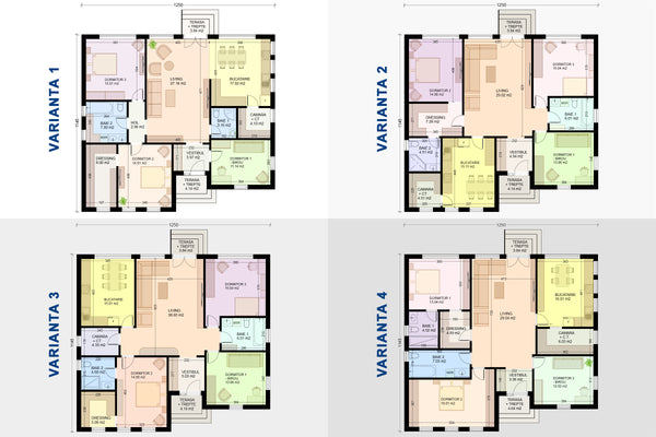 Proiect casa parter cu 3 dormitoare constructie zidarie plan v1 vs v2 vs v3 vs v4