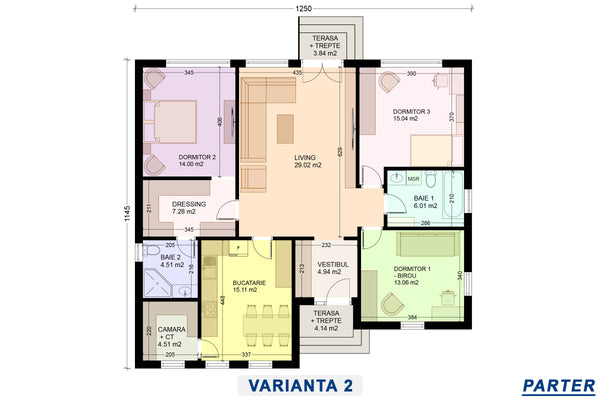 Proiect casa parter cu 3 dormitoare constructie zidarie plan versiunea 2