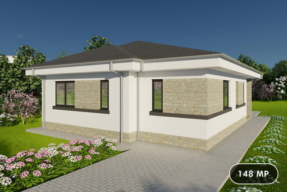 Proiect casa parter cu 3 dormitoare structura metalica 150mp cu fatada placata cu piatra poza 01