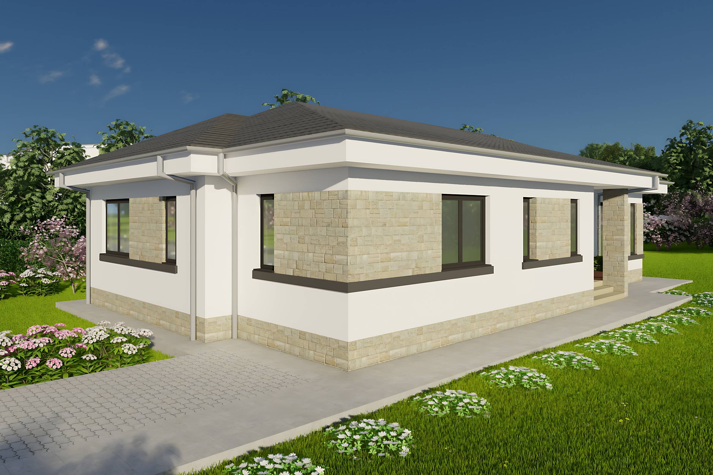 Proiect casa parter cu 3 dormitoare structura metalica 150mp cu fatada placata cu piatra poza 02