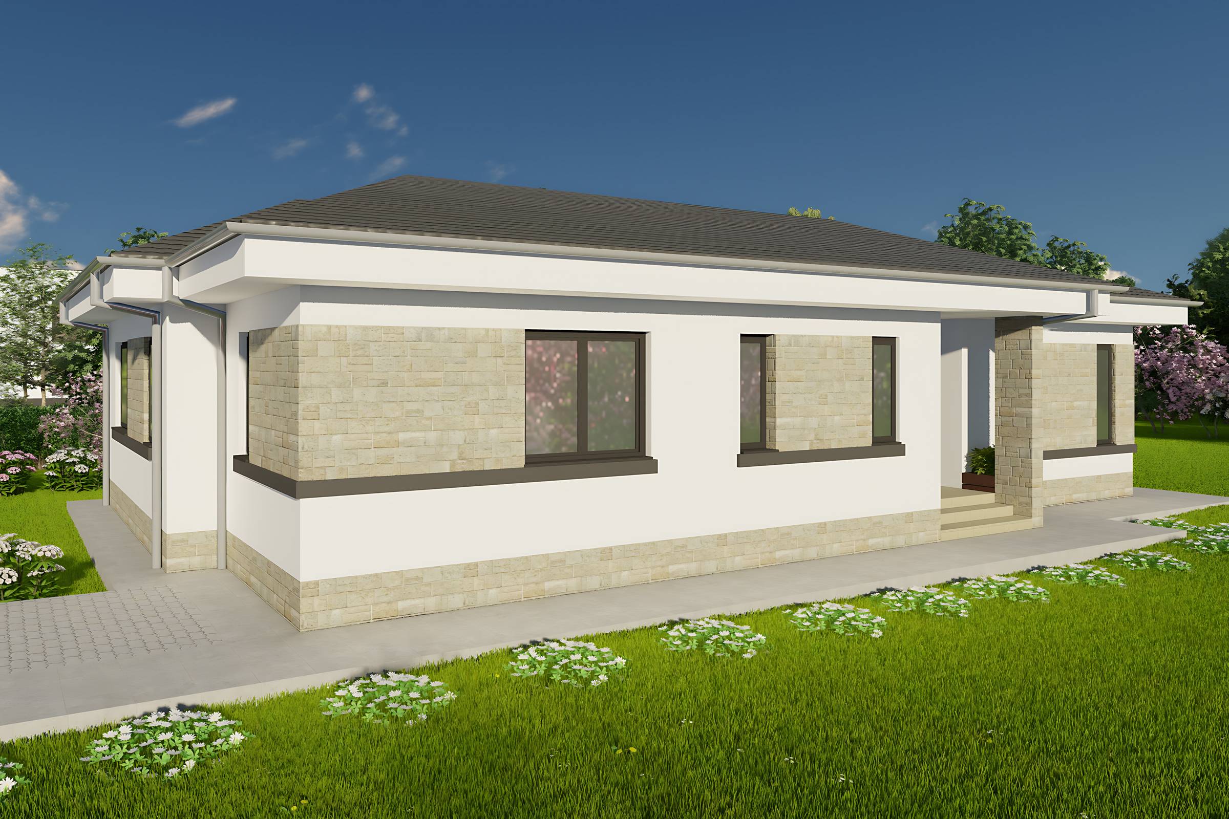 Proiect casa parter cu 3 dormitoare structura metalica 150mp cu fatada placata cu piatra poza 03