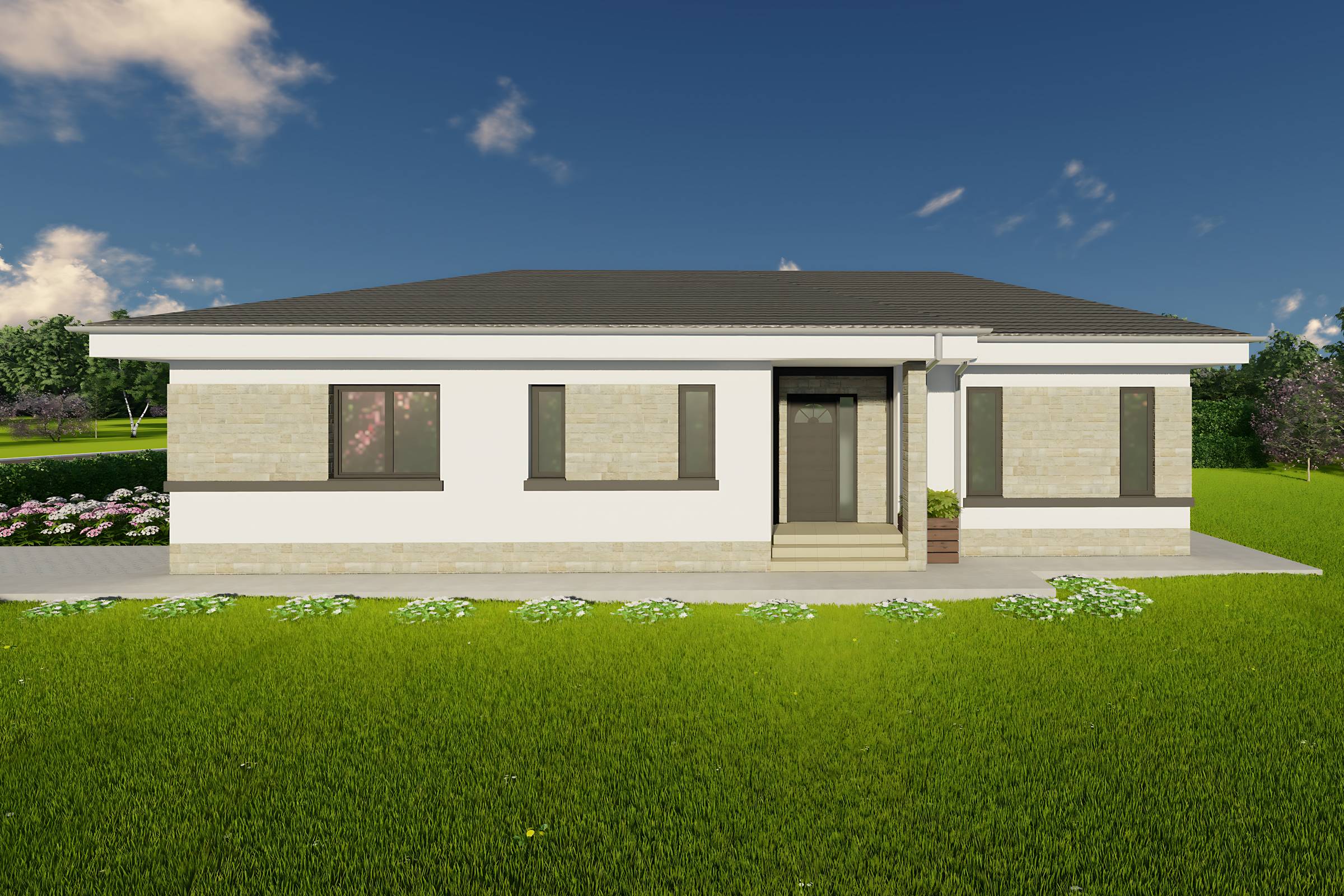 Proiect casa parter cu 3 dormitoare structura metalica 150mp cu fatada placata cu piatra poza 04