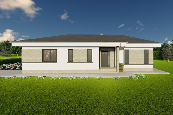 Proiect casa parter cu 3 dormitoare structura metalica 150mp cu fatada placata cu piatra poza 04