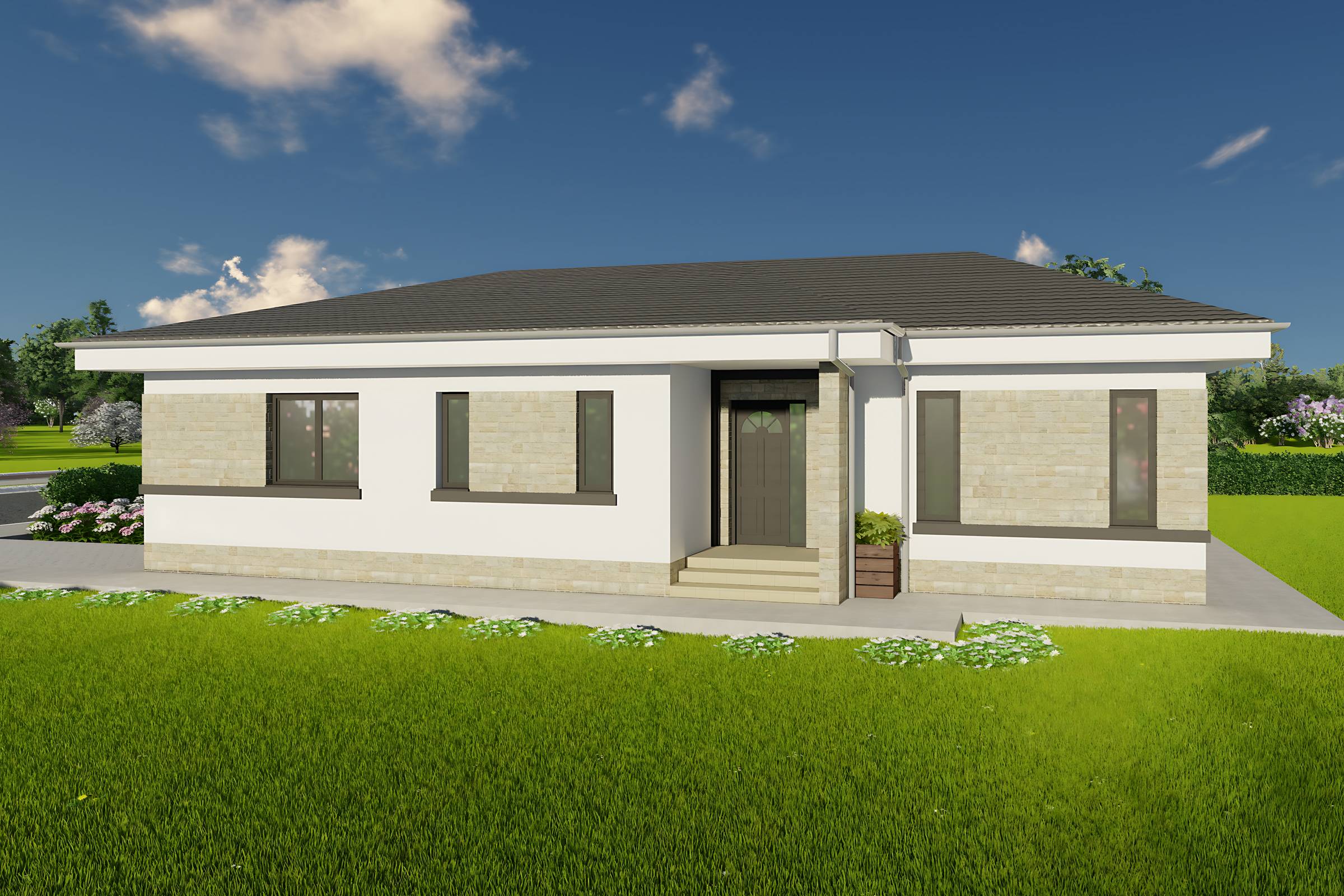 Proiect casa parter cu 3 dormitoare structura metalica 150mp cu fatada placata cu piatra poza 05
