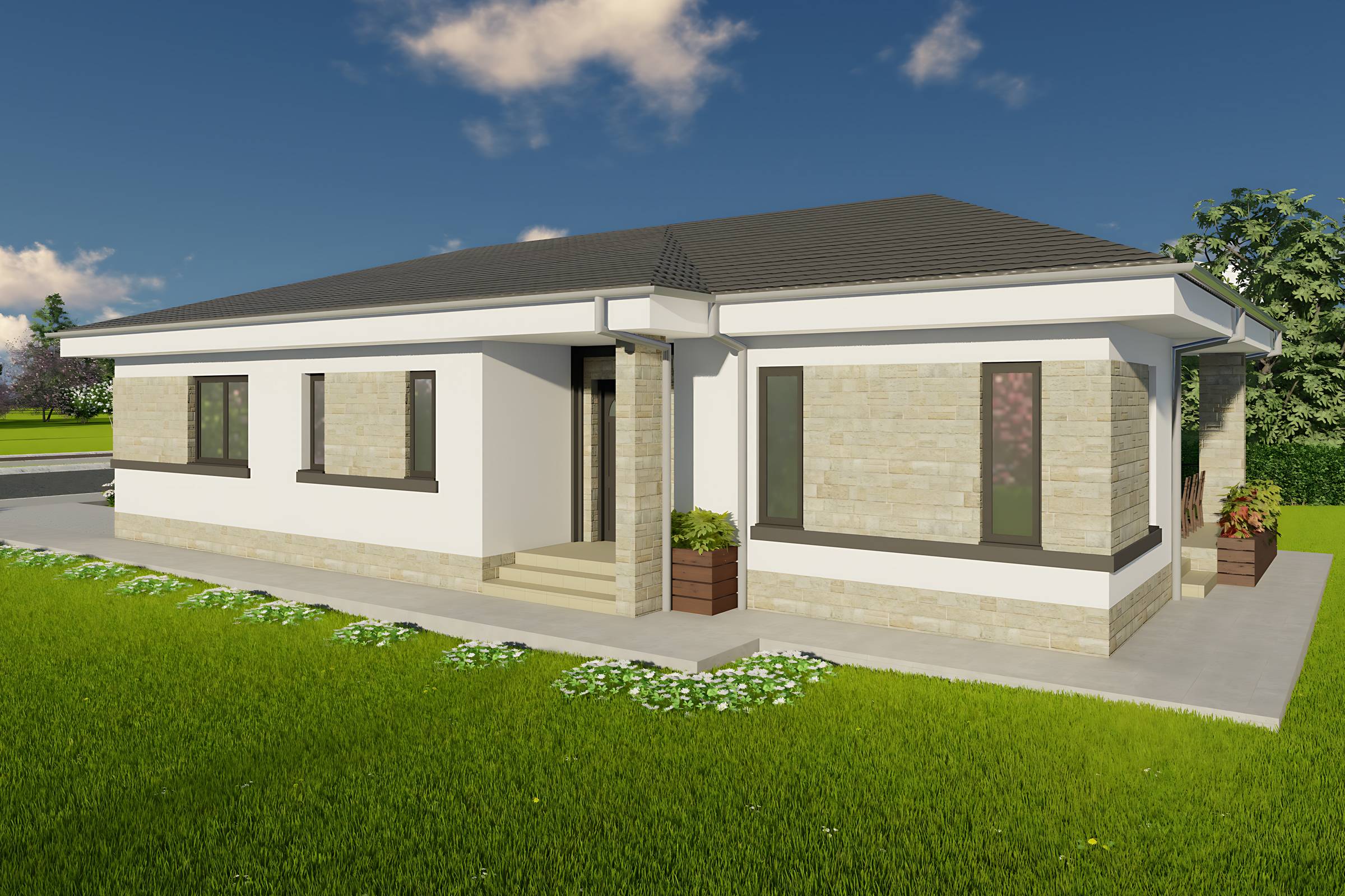 Proiect casa parter cu 3 dormitoare structura metalica 150mp cu fatada placata cu piatra poza 06