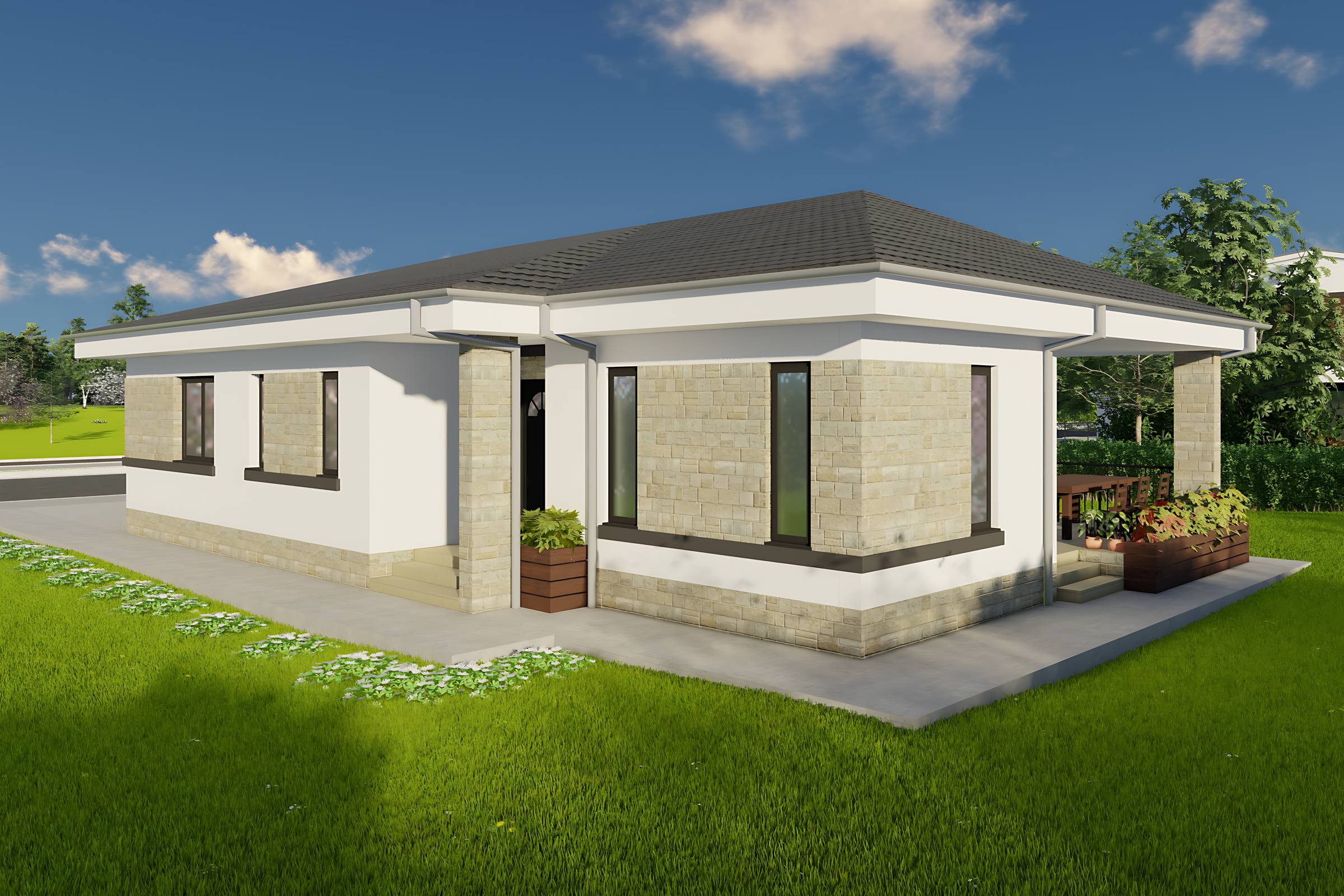 Proiect casa parter cu 3 dormitoare structura metalica 150mp cu fatada placata cu piatra poza 07