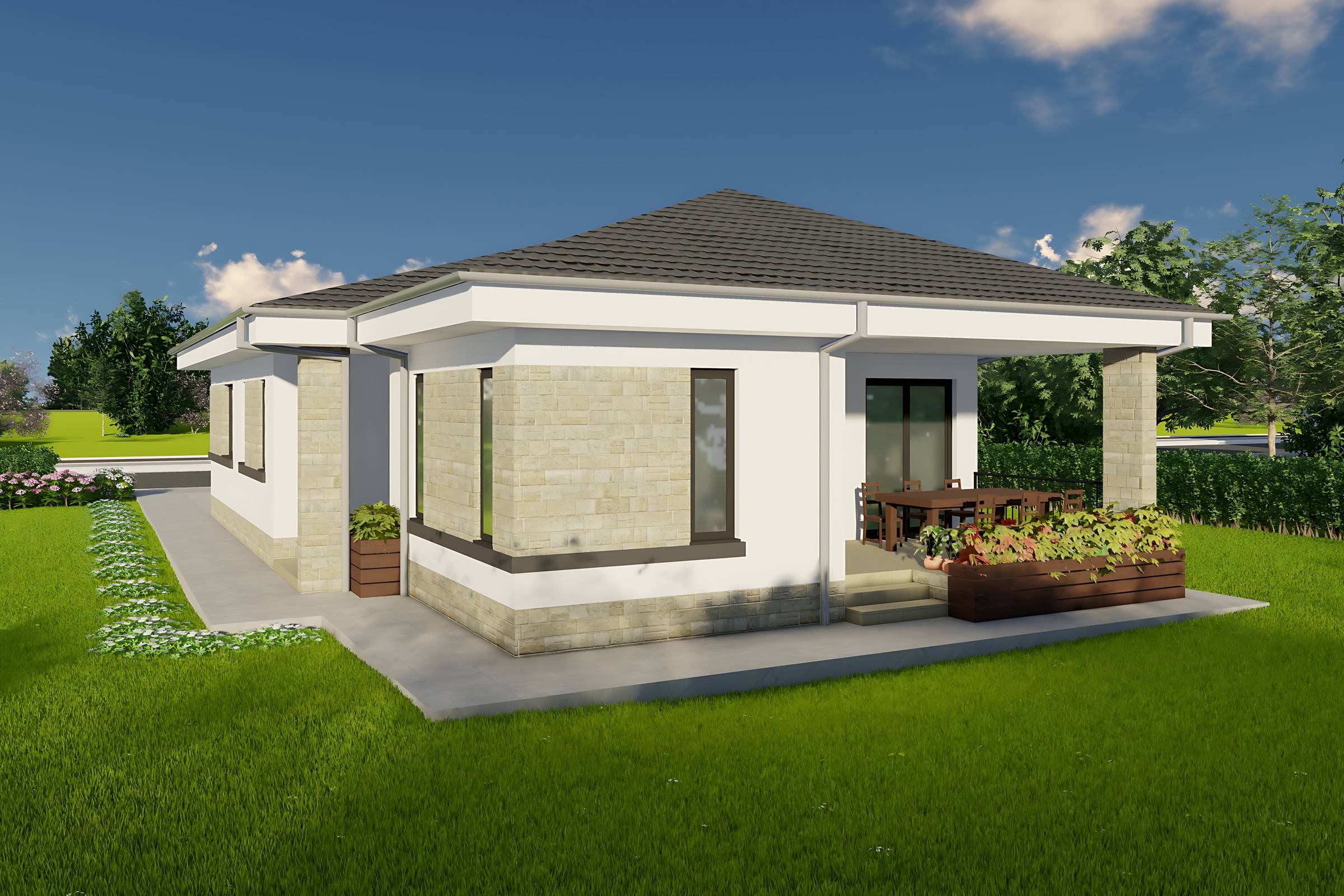 Proiect casa parter cu 3 dormitoare structura metalica 150mp cu fatada placata cu piatra poza 08
