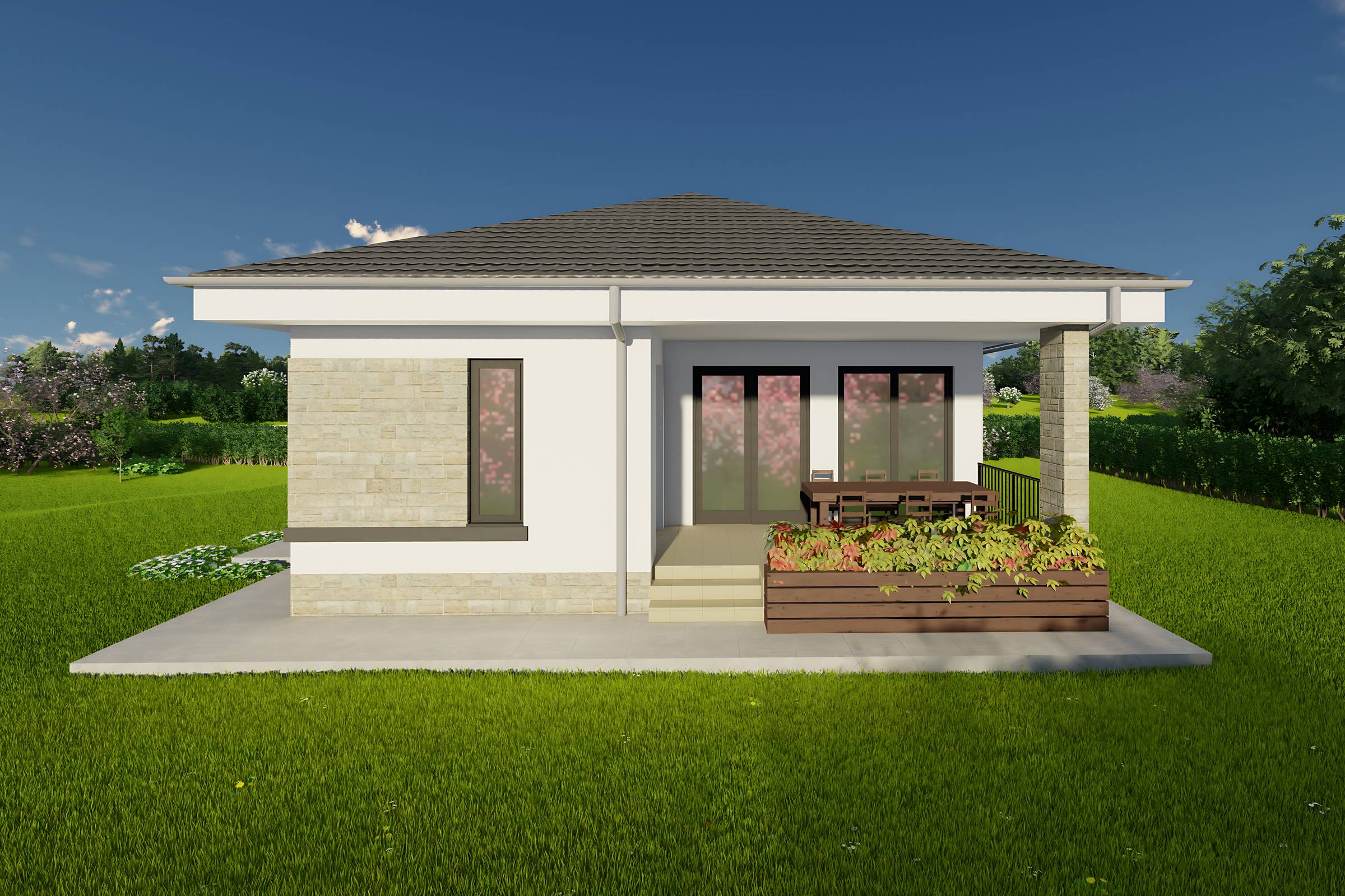 Proiect casa parter cu 3 dormitoare structura metalica 150mp cu fatada placata cu piatra poza 09