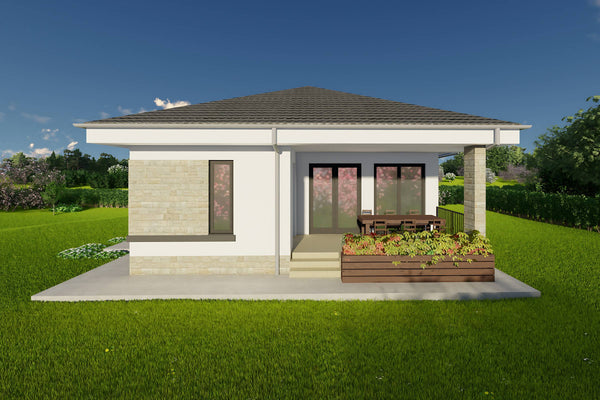 Proiect casa parter cu 3 dormitoare structura metalica 150mp cu fatada placata cu piatra poza 09