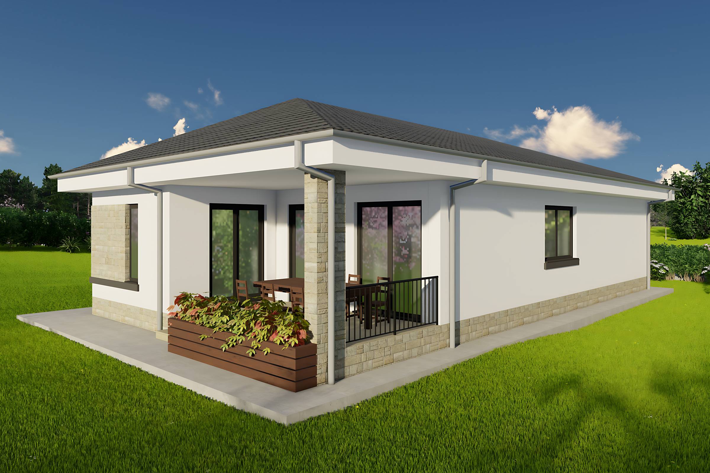 Proiect casa parter cu 3 dormitoare structura metalica 150mp cu fatada placata cu piatra poza 11