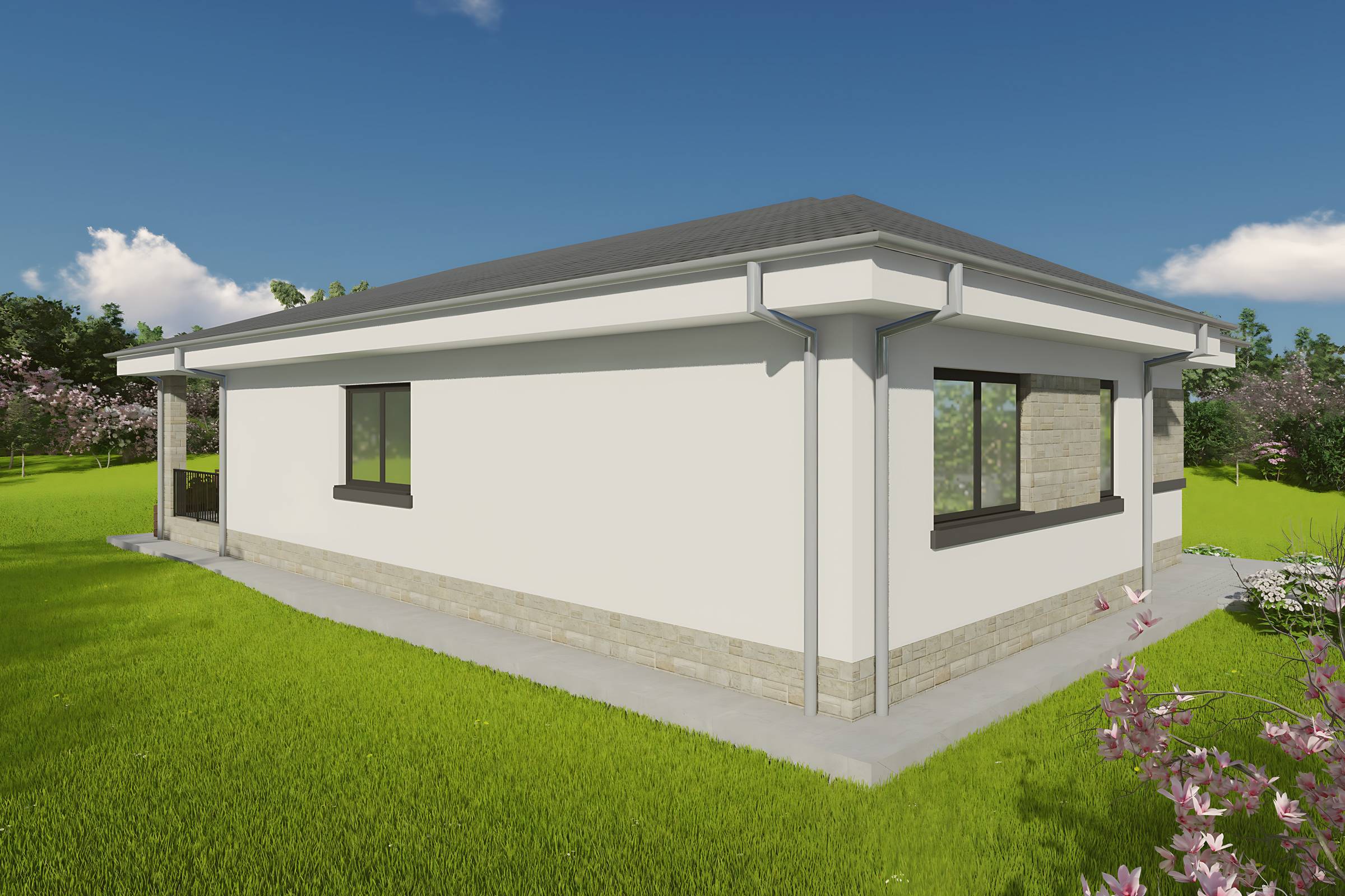 Proiect casa parter cu 3 dormitoare structura metalica 150mp cu fatada placata cu piatra poza 12