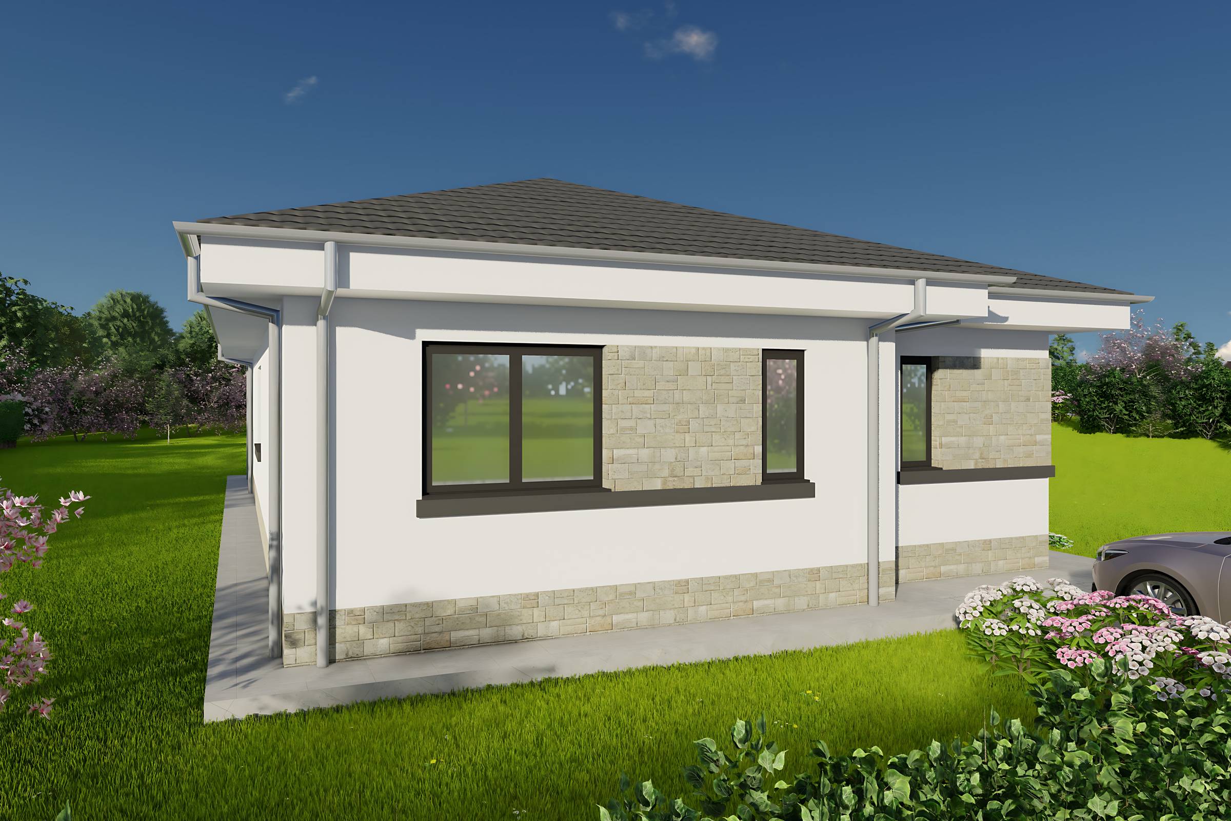 Proiect casa parter cu 3 dormitoare structura metalica 150mp cu fatada placata cu piatra poza 13