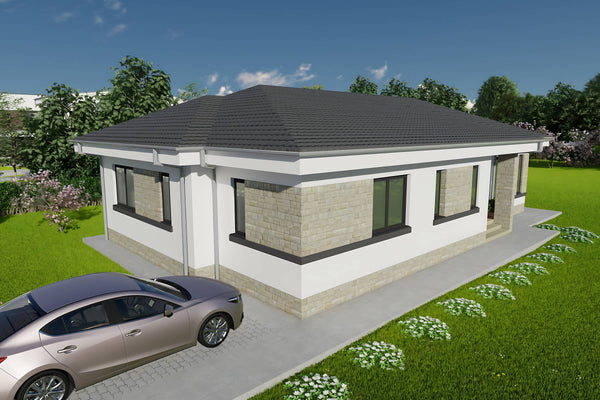 Proiect casa parter cu 3 dormitoare structura metalica 150mp cu fatada placata cu piatra poza 15