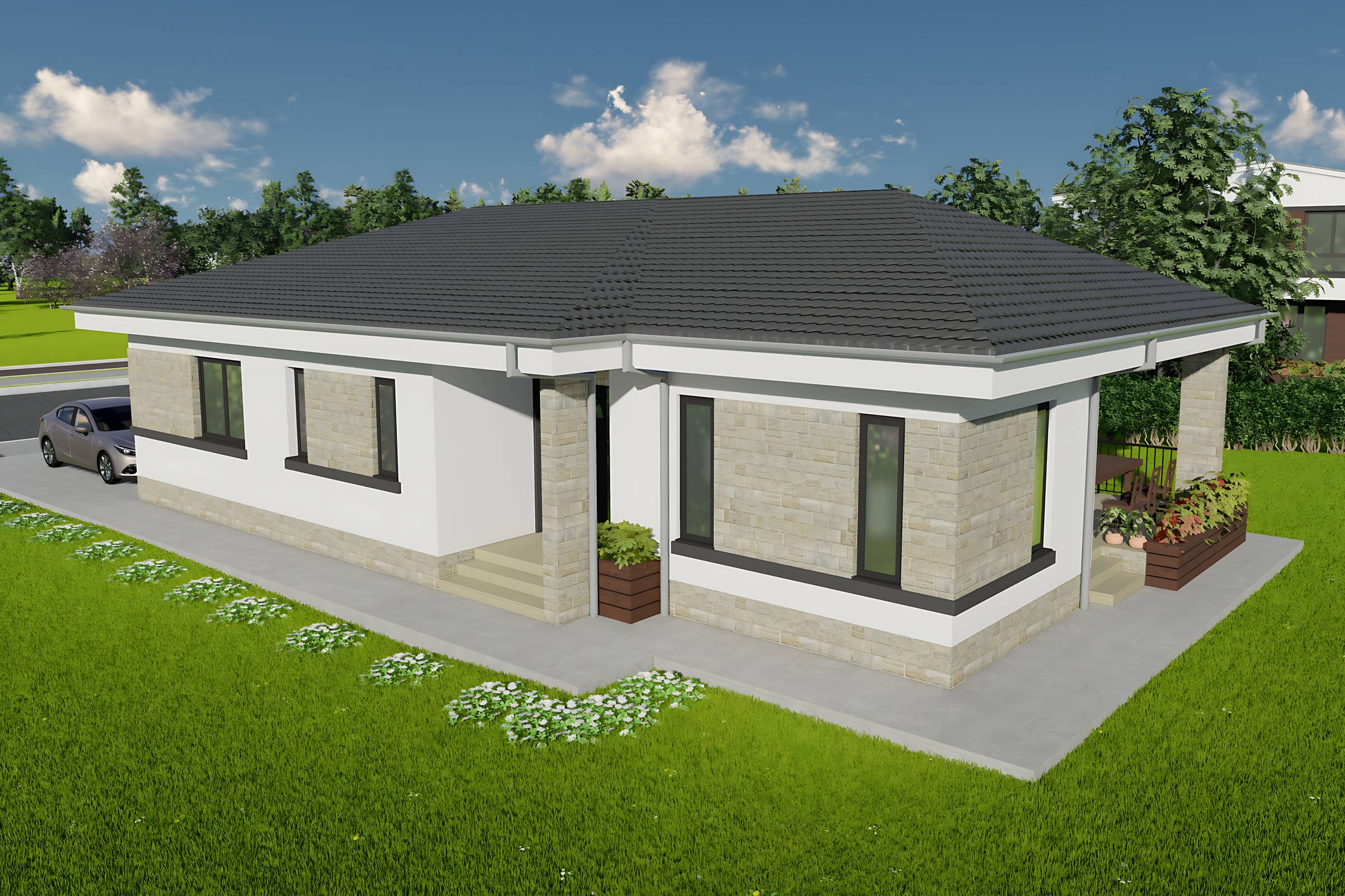 Proiect casa parter cu 3 dormitoare structura metalica 150mp cu fatada placata cu piatra poza 16