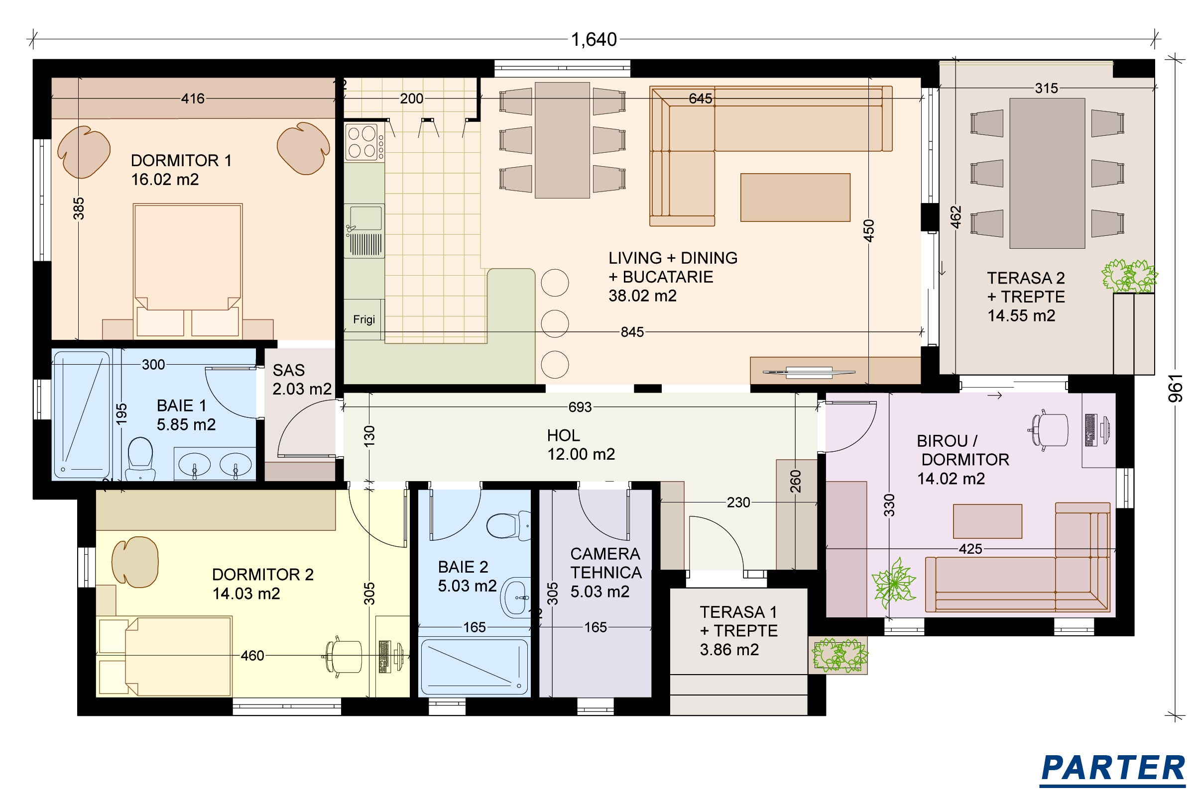Proiect casa parter cu 3 dormitoare structura metalica 150mp organizare interioara