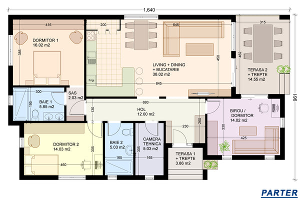 Proiect casa parter cu 3 dormitoare structura metalica 150mp organizare interioara