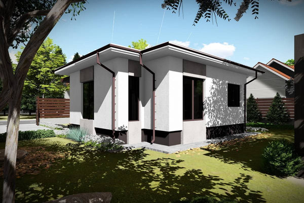Proiect casa pe structura metalica mica cu 2 camere 60 mp - fatada de casa imagine 2