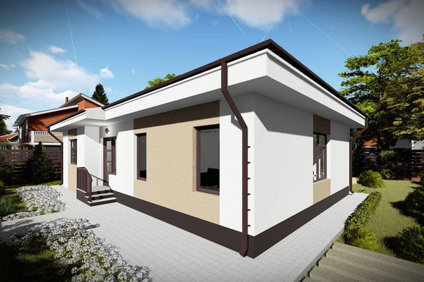 Proiect casa pe structura metalica moderna cu 3 camere 110mp - fatada casa alba imagine 4