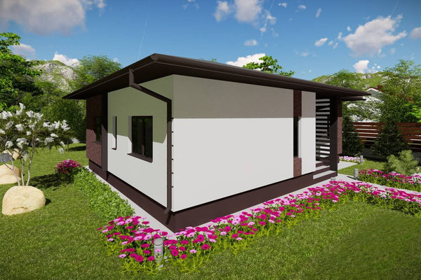 Proiect casa pe structura metalica cu 3 camere si 2 bai 044 - fatada casa cu piatra imagine 3