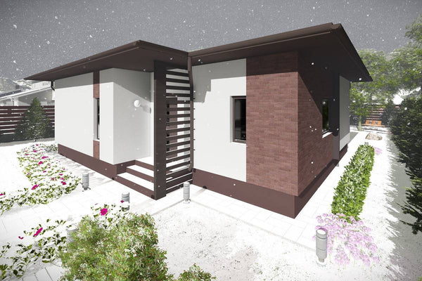 Proiect casa pe structura metalica cu 3 camere si 2 bai 044 - fatada casa cu piatra imagine 7