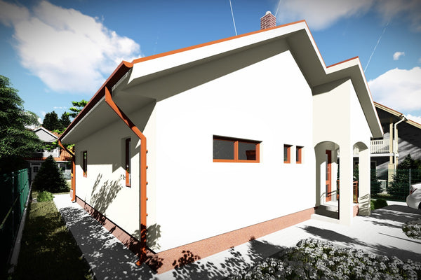 Proiect casa pe structura metalica mica cu terasa 112-090 - fatada de casa alba imagine 4