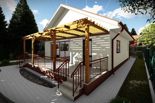 Proiect casa pe structura metalica mica cu terasa 112-090 - fatada de casa alba imagine 5