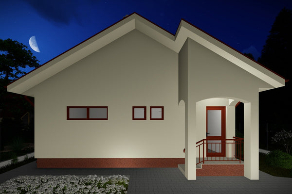 Proiect casa pe structura metalica mica cu terasa 112-090 - fatada de casa alba imagine 6