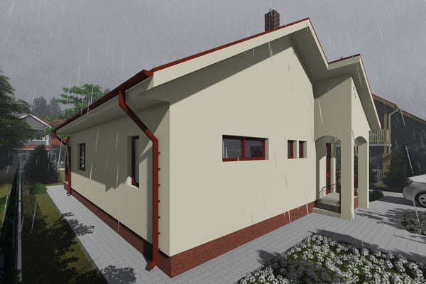 Proiect casa pe structura metalica mica cu terasa 112-090 - fatada de casa alba imagine 7