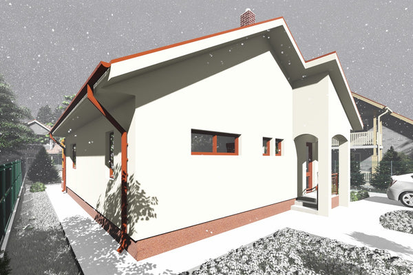 Proiect casa pe structura metalica mica cu terasa 112-090 - fatada de casa alba imagine 8