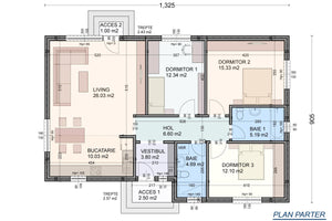 Proiect casa pe structura metalica 120 mp cu 3 dormitoare - plan de casa parter thumbnail