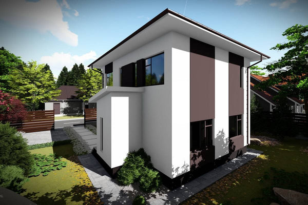 Proiect casa pe structura metalica cu etaj 120 mp 123-076 - fațada casei imagine 3