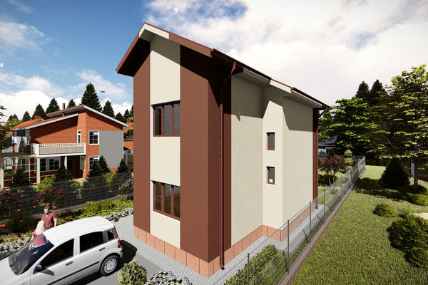Proiect casa pe structura metalica cu etaj 4 dormitoare 088 - fatada casei imagine 2