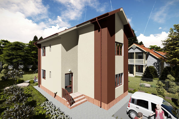 Proiect casa pe structura metalica cu etaj 4 dormitoare 088 - fatada casei imagine 9
