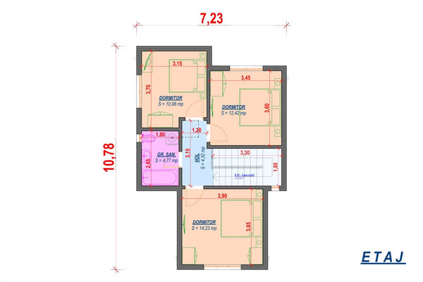 Proiect casa pe structura metalica cu etaj 4 dormitoare 088 - planul casei la etaj