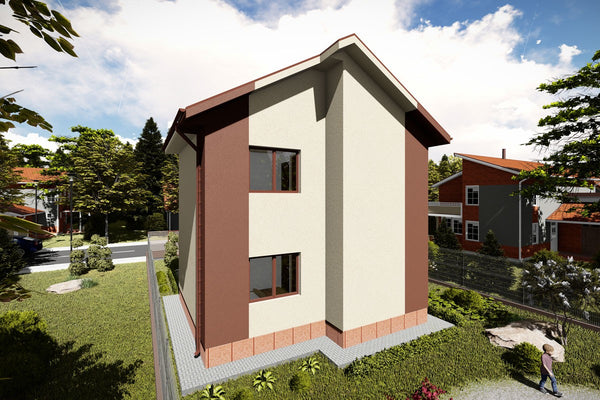 Proiect casa pe structura metalica cu etaj 4 dormitoare 088 - fatada casei imagine 3