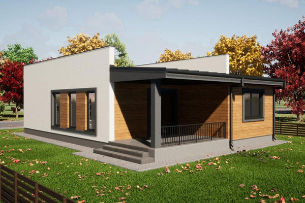 Proiect casa pe structura metalica cu 2 dormitoare fara etaj - fatada de casa moderna imagine 2
