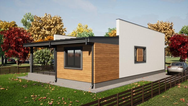 Proiect casa pe structura metalica cu 2 dormitoare fara etaj - fatada de casa moderna imagine 4