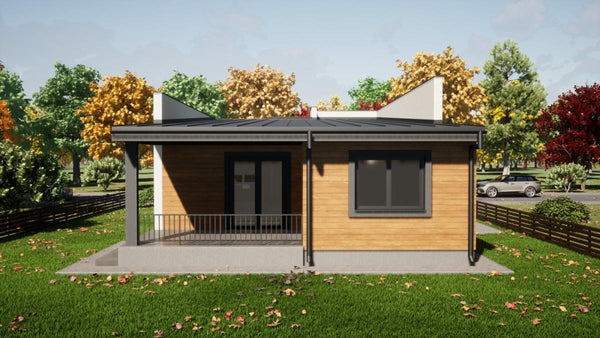 Proiect casa pe structura metalica cu 2 dormitoare fara etaj - fatada de casa moderna imagine 5