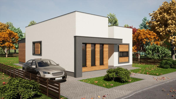 Proiect casa pe structura metalica cu 2 dormitoare fara etaj - fatada de casa moderna imagine 6