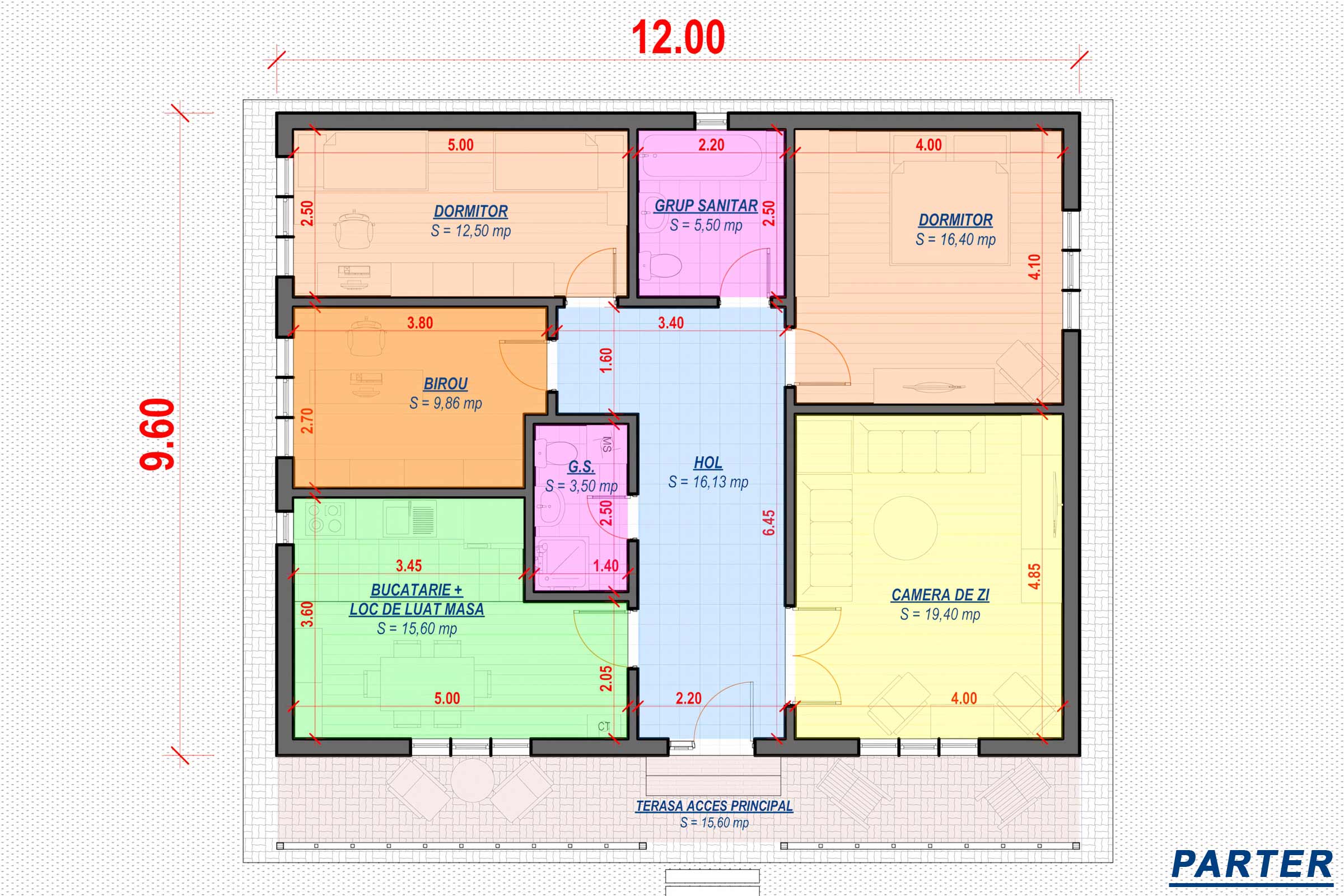 Proiect casa pe structura metalica 130 mp fara etaj 130-036 - plan casa la parter