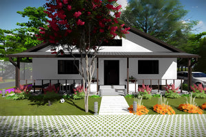 Proiect casa pe structura metalica 130 mp fara etaj 130-036 - fatada de casa alba imagine 2 thumbnail