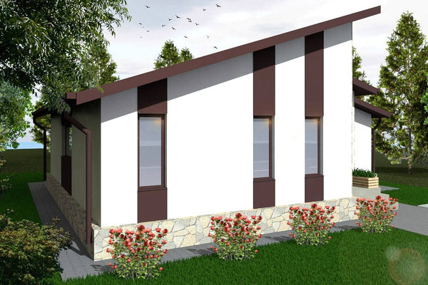 Proiect casa pe structura metalica moderna cu terasa 131-020 - fatada casa cu piatra imagine 3