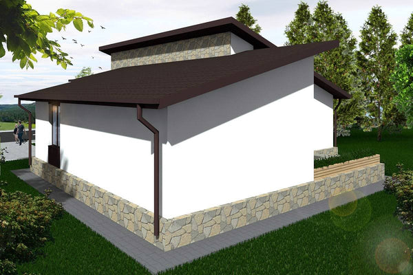 Proiect casa pe structura metalica moderna cu terasa 131-020 - fatada casa cu piatra imagine 4