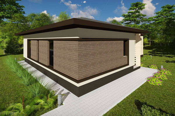 Proiect casa pe structura metalica fara etaj moderna 134-031 - fatada de casa cu piatra imagine 3