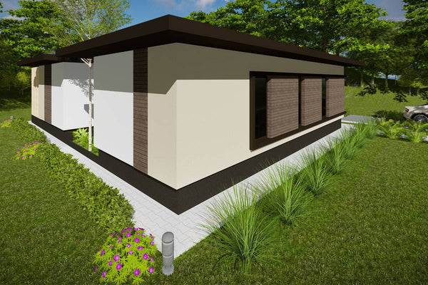 Proiect casa pe structura metalica fara etaj moderna 134-031 - fatada de casa cu piatra imagine 4