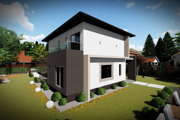 Proiect casa pe structura metalica moderna cu etaj 074 - fatada casa cu piatra imagine 3