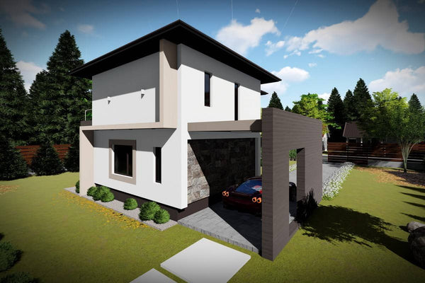 Proiect casa pe structura metalica moderna cu etaj 074 - fatada casa cu piatra imagine 4