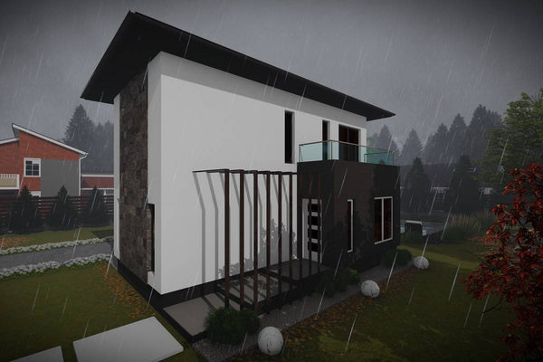Proiect casa pe structura metalica moderna cu etaj 074 - fatada casa cu piatra imagine 5