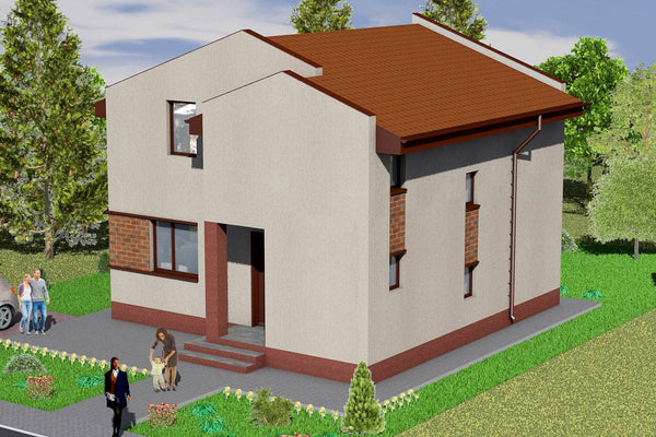 Proiect casa pe structura metalica cu etaj 2 dormitoare 001 - fatada de casa moderna imagine 2