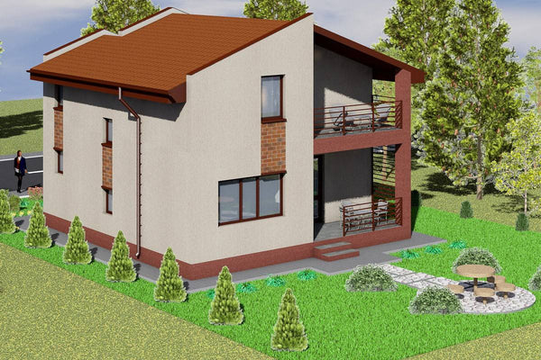 Proiect casa pe structura metalica cu etaj 2 dormitoare 001 - fatada de casa moderna imagine 3